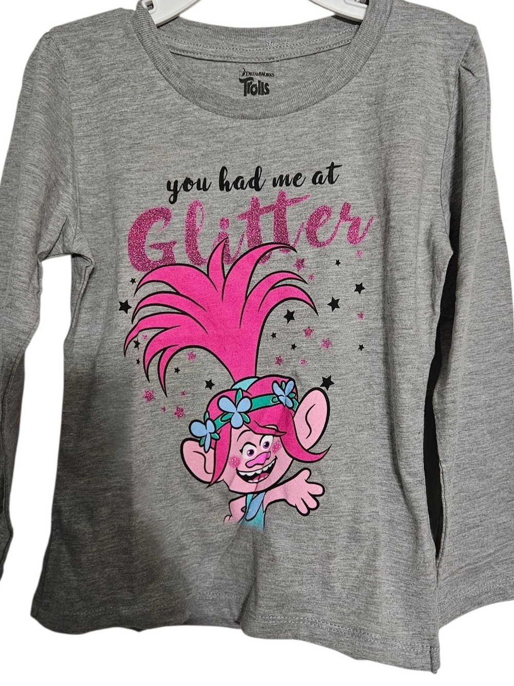 Trolls Gray Long Sleeve Top with Pink Glitter Troll Graphic